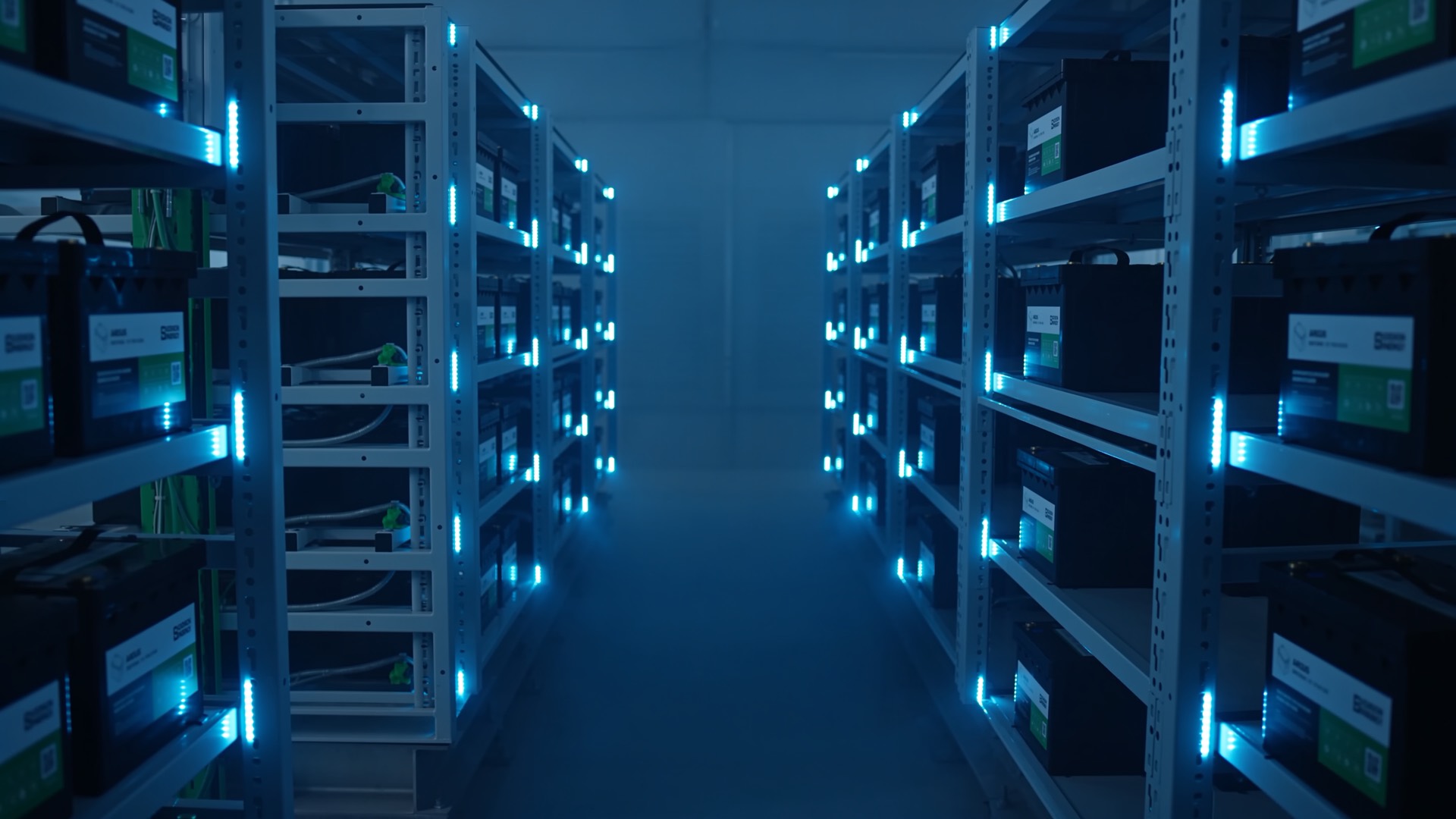 Racks of Sodion Argus monoblocks in a lit battery room