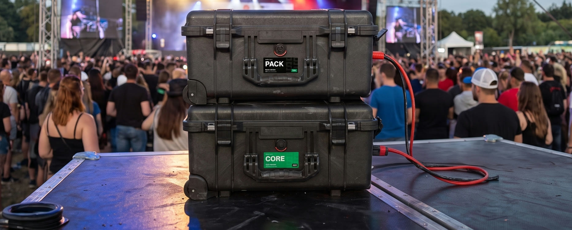 A Sodion Atlas Pack stacked on a Core, powering an outdoor event stage at dusk